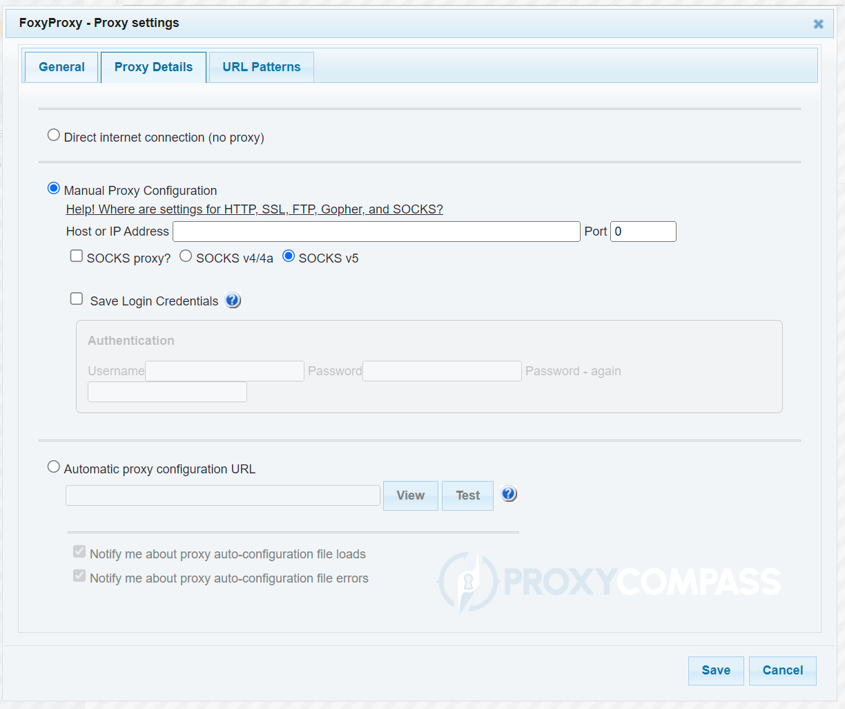 View of the default settings window of the new proxy